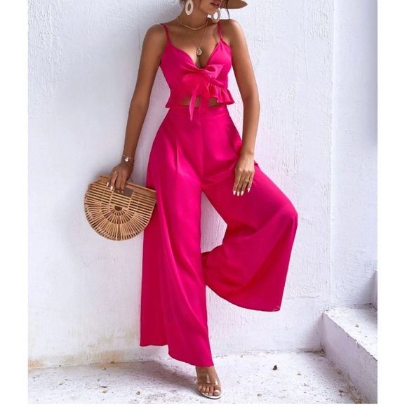 Pants - Pink Knot Front Peplum Cami Top & Wide Leg Pants